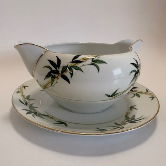 Kent Bali Hai China Gravy Boat/Attached Underplate Bamboo On Rim, Cream Rim VTG - Picture 16 of 16